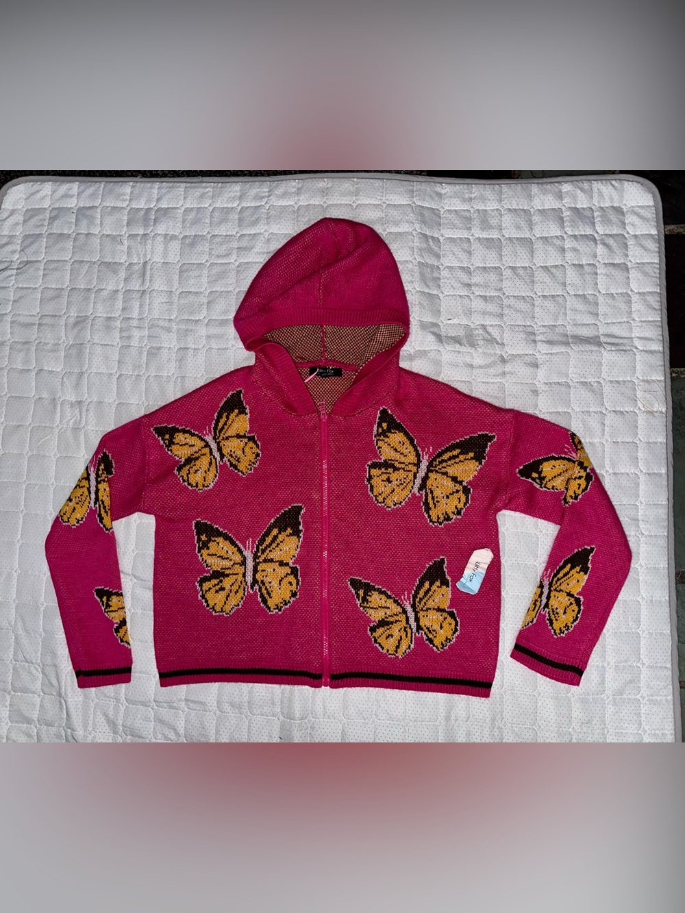 Witty fox butterfly knit hooded sweater – women’s size medium – pink full zip ca